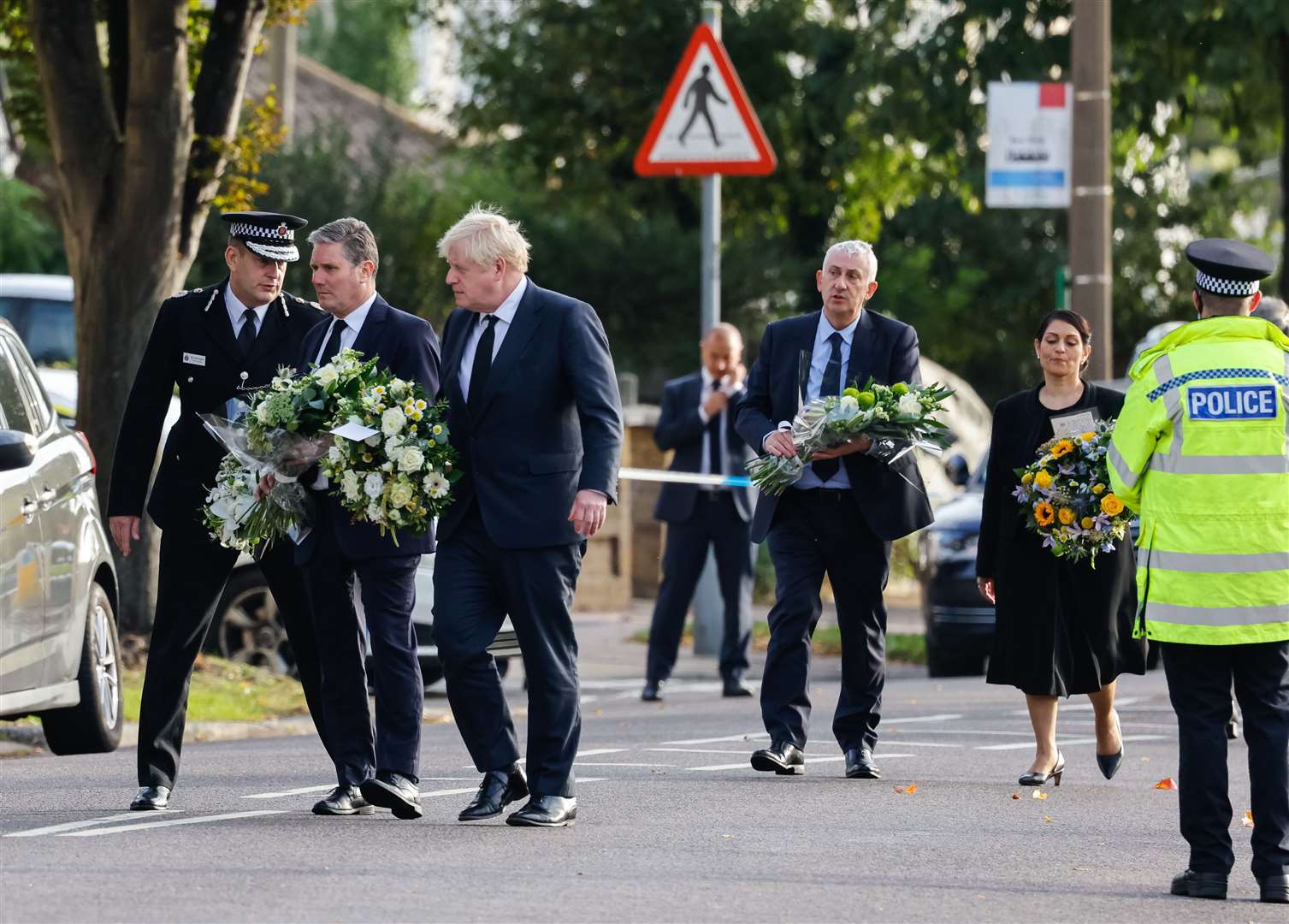 Sir Lindsay Hoyle, right, joined the Prime Minister on Saturday to lay flowers at the scene of Sir David Amess’s killing (Dominic Lipinski/PA)