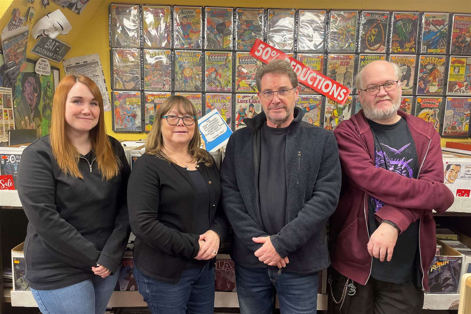 From left: Daughter Ashley Dunkley, owners June and Kerry Earl and shop assistant Lee Fowkes of The American Comic Shop