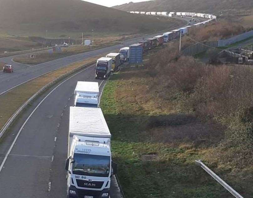 A snaking queue of trucks outside Dover. December 19. Picture: Sam Lennon