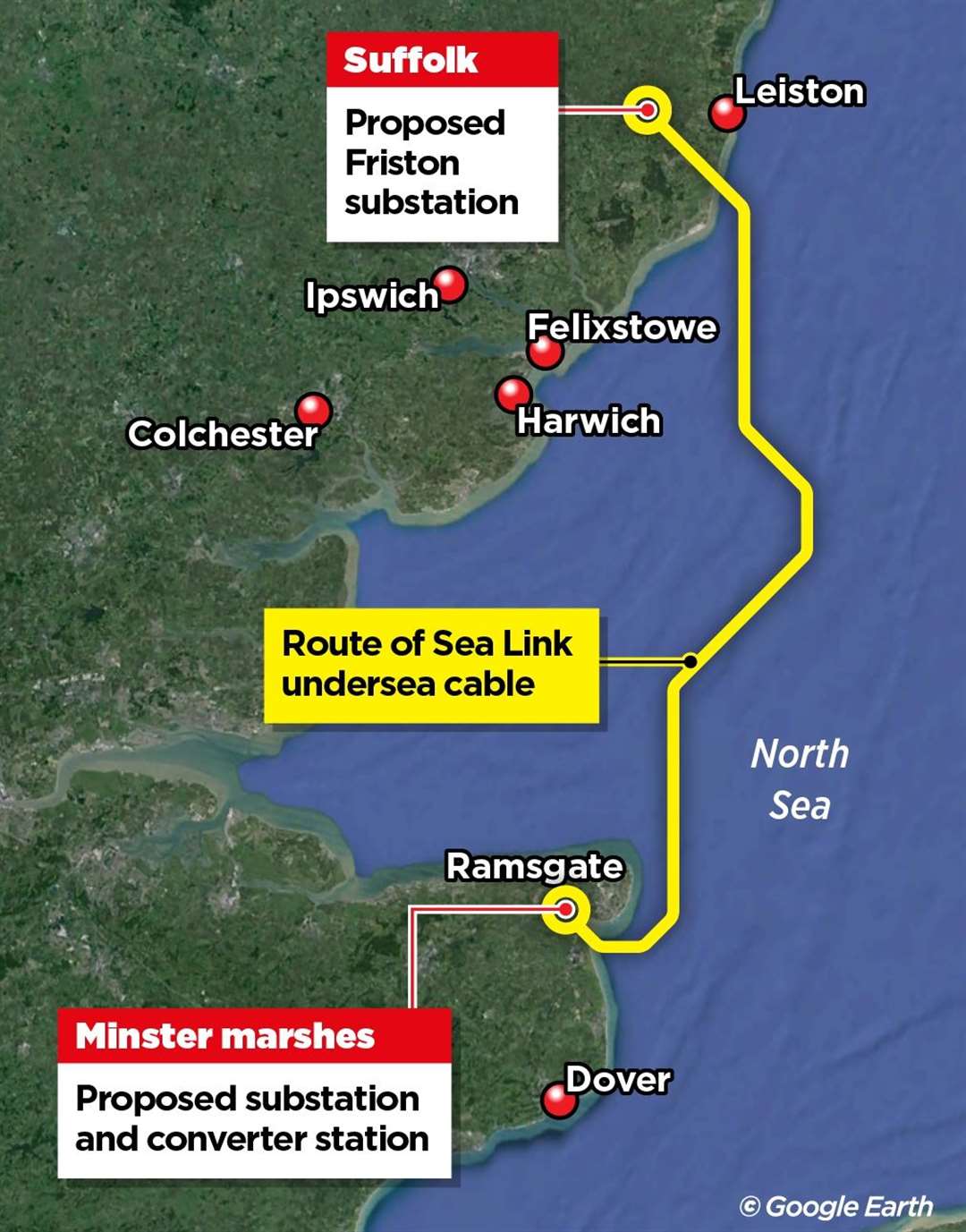 The proposed route of the Sea Link project from Kent to Suffolk