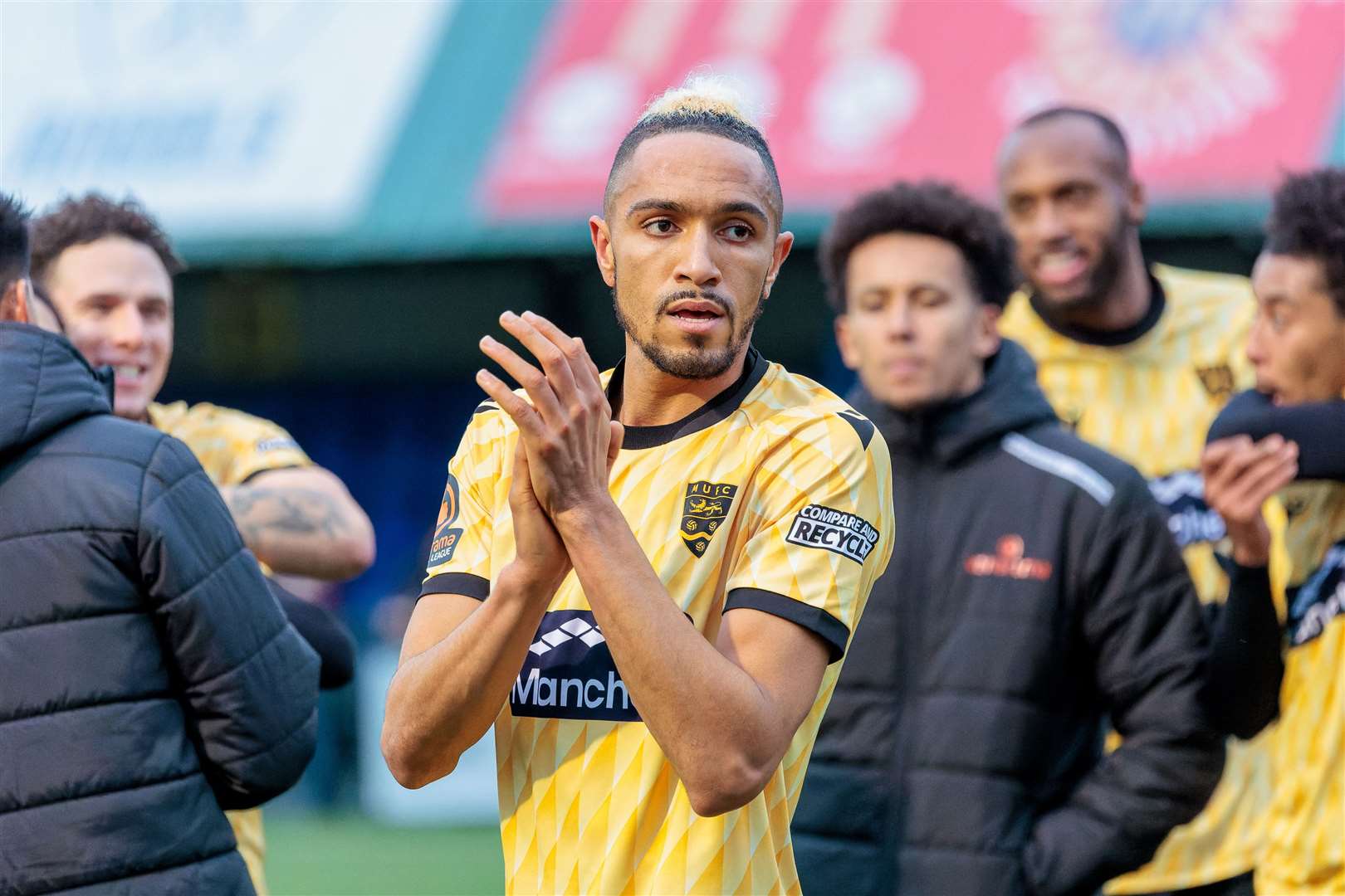 Maidstone forward Matt Bentley applauds fans after his final appearance for the club at Tonbridge. Picture: Helen Cooper