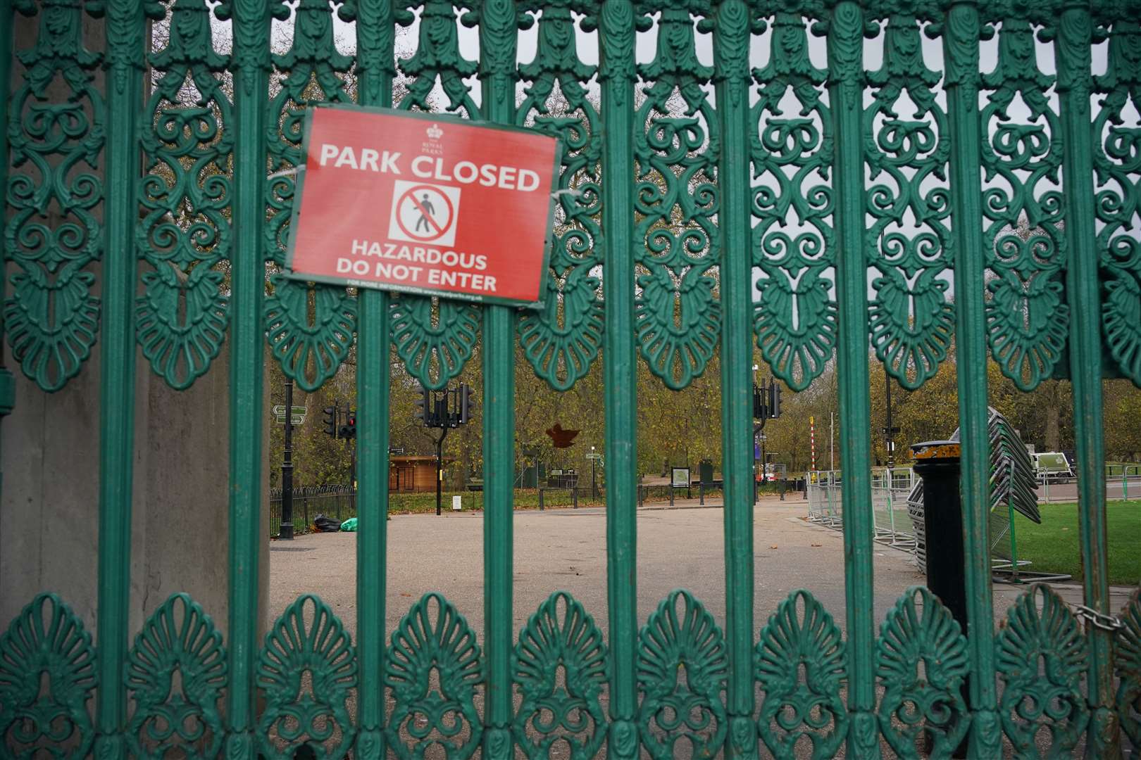 Locked gates at Hyde Park in London which has been closed to the public during Storm Bert (Yui Mok/PA)