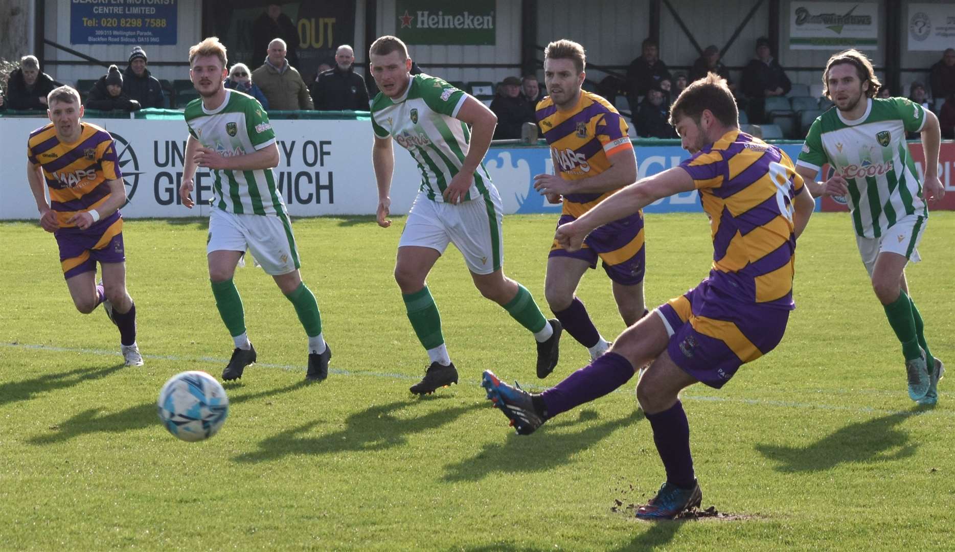 Deal’s Macauley Murray sees his penalty saved. Picture: Alan Coomes