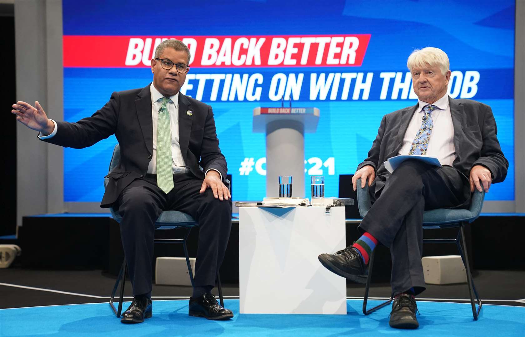 Cop26 President Alok Sharma and Stanley Johnson at the Conservative Party Conference (Stefan Rousseau/PA)