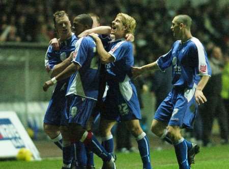 The Gills players celebrate Darren Byfield putting them in front. Picture: BARRY GOODWIN