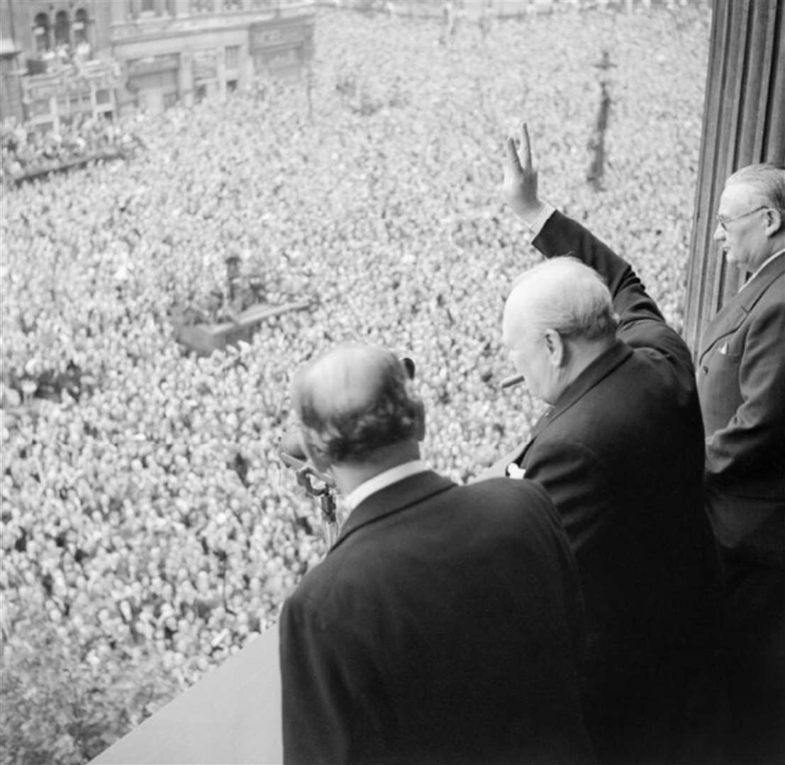 Prime minister Winston Churchill as he addresses the crowd in Whitehall (Imperial War Museum/PA)