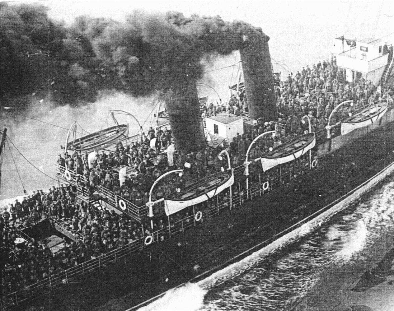 HM Troop Ship Victoria leaving Folkestone harbour with men heading for the Western Front.