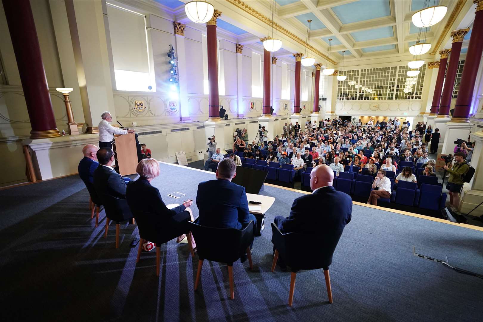 Seated, left to right, Eddie Crouch, chair of the British Dental Association, Dr Vishal Sharma, chair of the British Medical Association, Dr Jackie Applebee, vice chair of Doctors in Unite, Andrew Jordan, BMA industrial relations officer, and RMT general secretary Mick Lynch at the BMA headquarters in London (James Manning/PA)