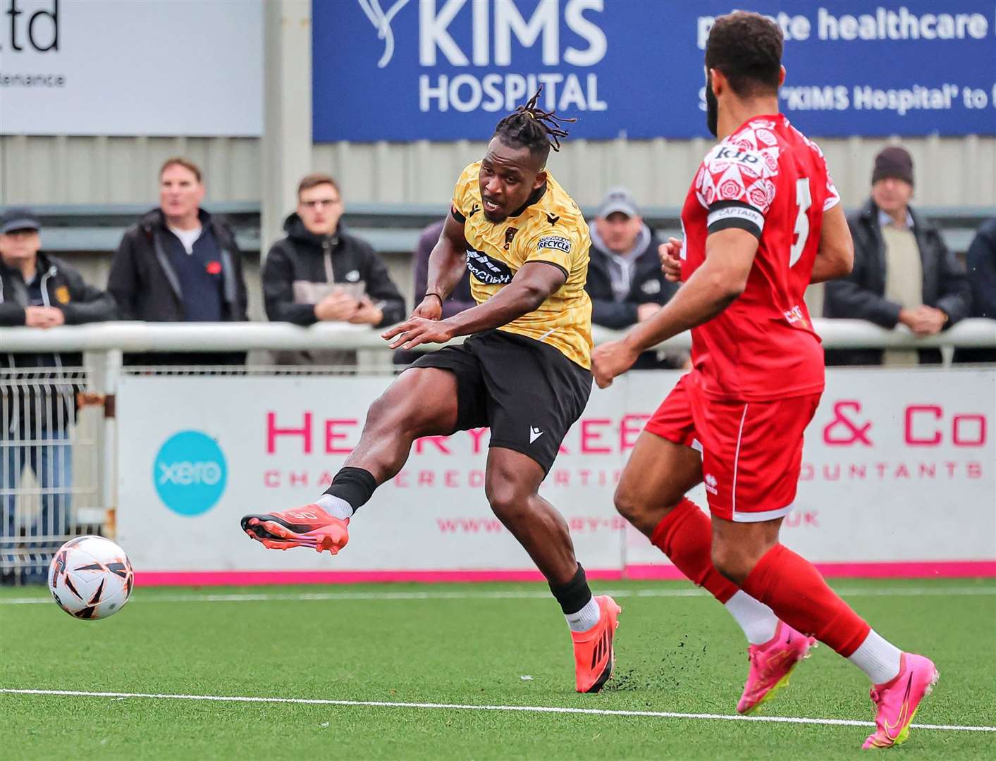 Maidstone's Pierre Fonkeu drills wide. Picture: Helen Cooper