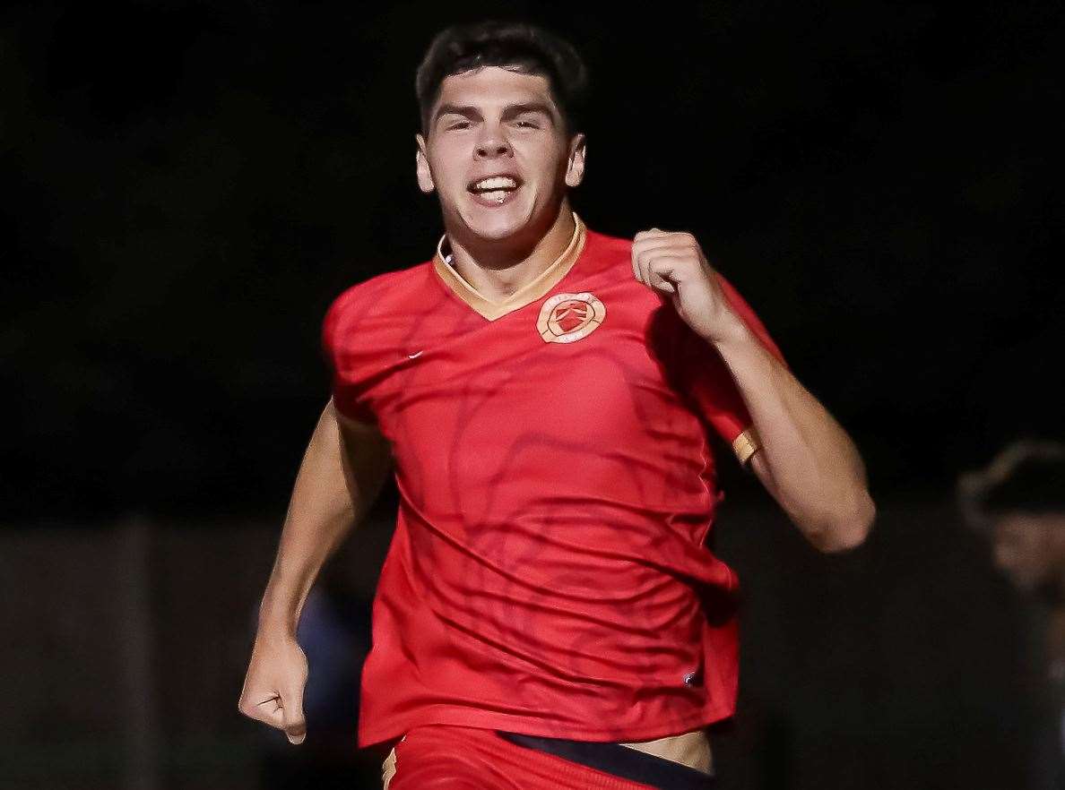 Two-goal Harvey Smith celebrates at The Lindsey Field. Picture: Les Biggs