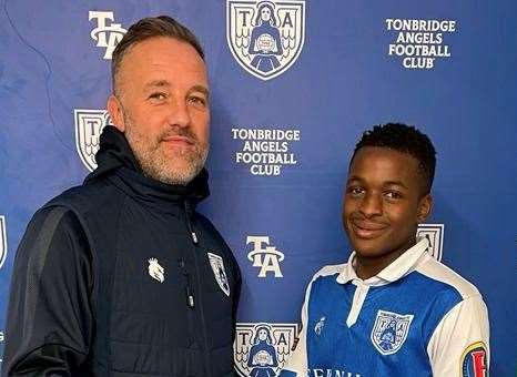 Tonbridge Angels boss Jay Saunders welcomes Mo Dabre to Longmead. Picture: TAFC