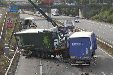 A four-lorry crash closed the M20 coastbound near Ashford