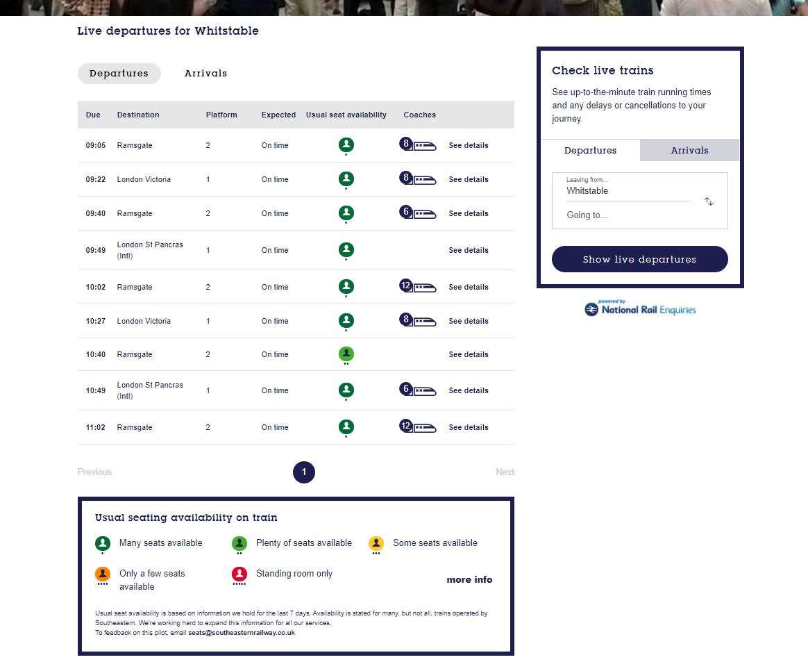 The departure information showing SeatFinder indicators (Southeastern/PA)