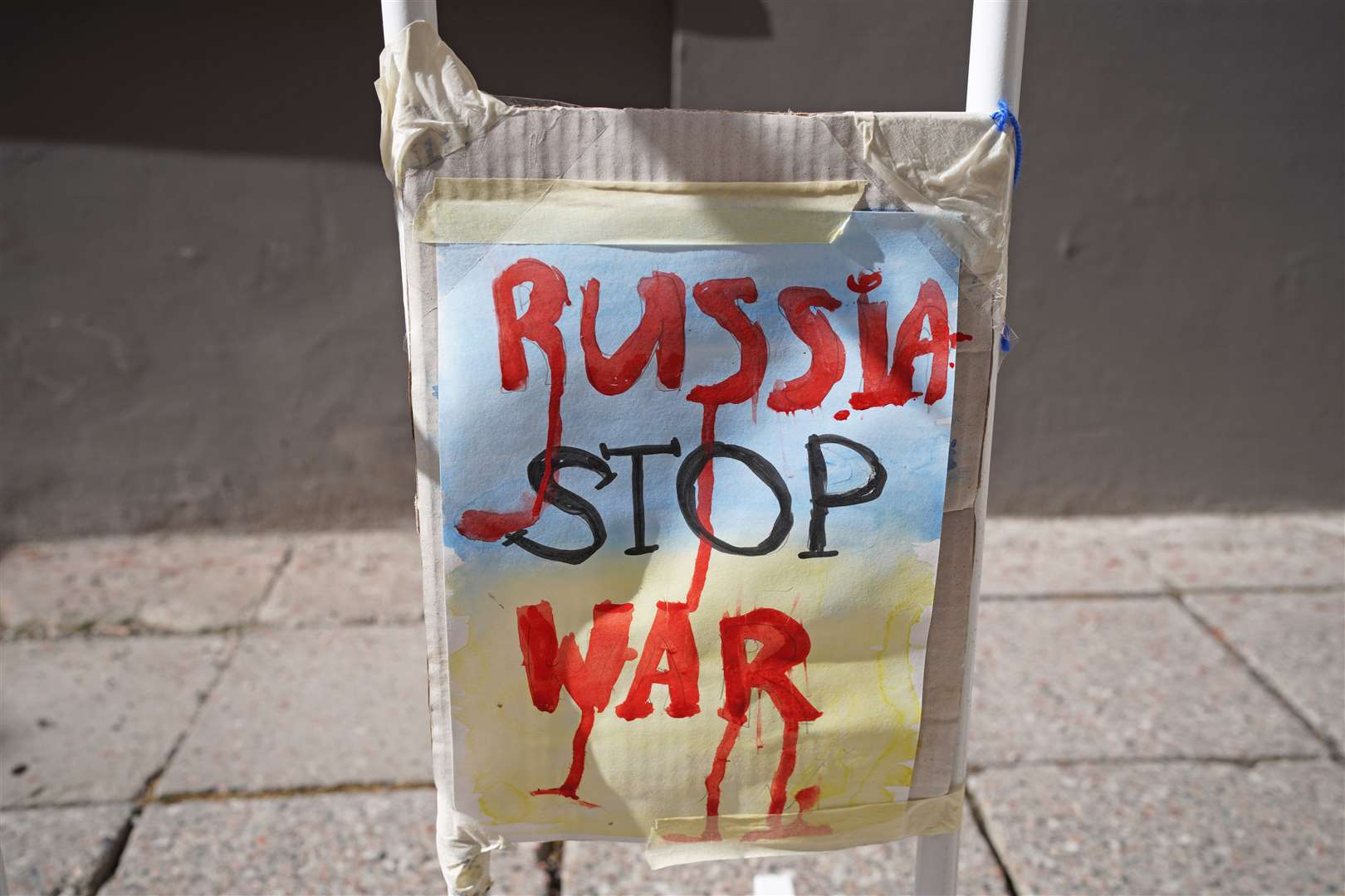 A poster outside the Russian embassy in Tallinn (Ben Birchall/PA)