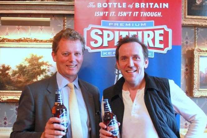 Shepherd Neame chief executive Jonathan Neame with comedian Ben Miller at the launch of new ad campaign for Spitfire Ale