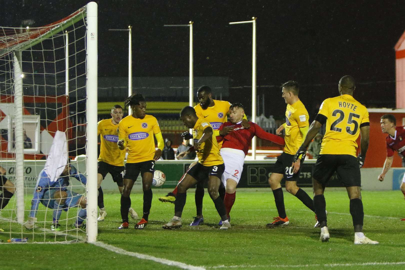 Defender Jack King in the thick of it against Dagenham Picture: Andy Jones