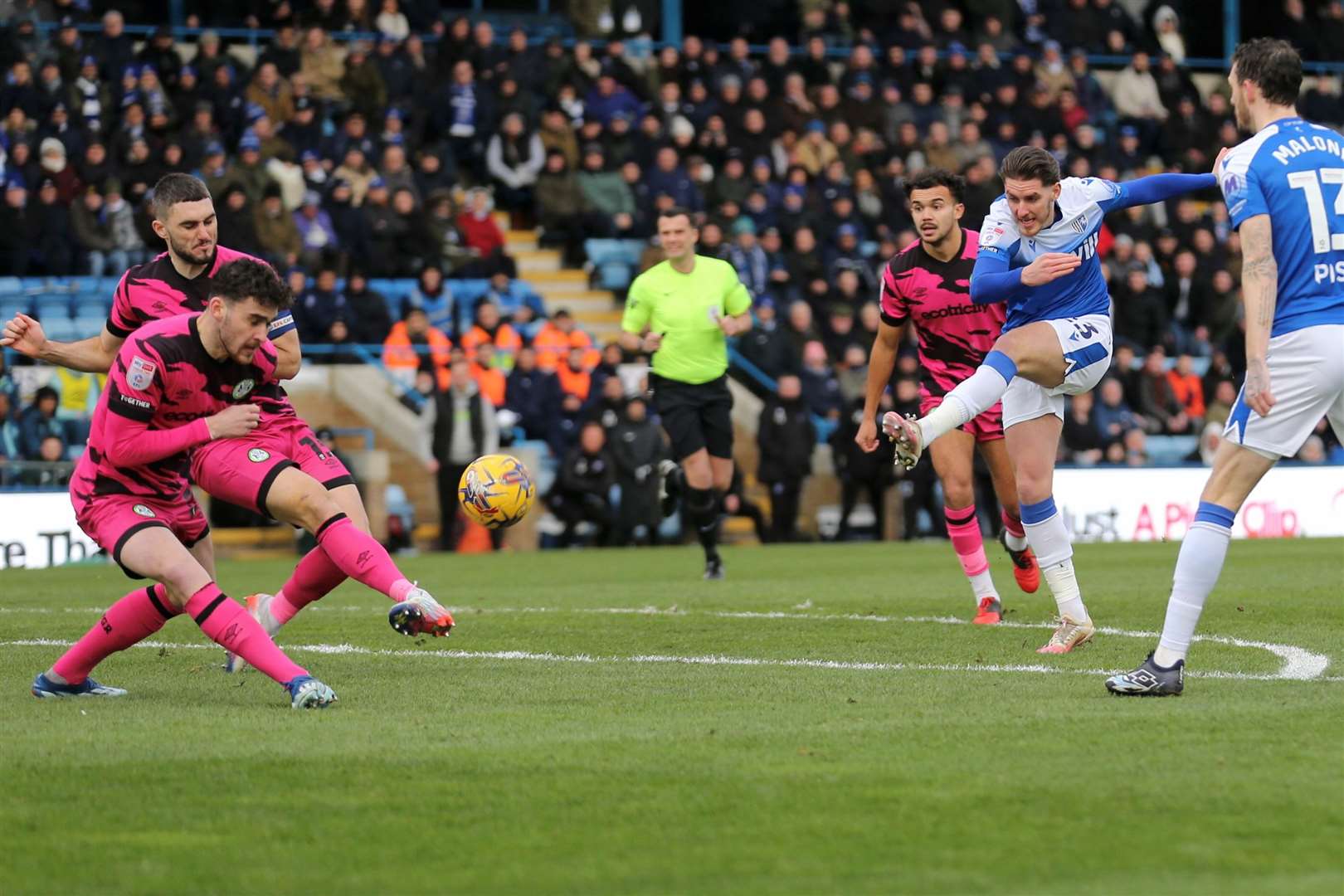 Gillingham's Connor Mahoney hs a shot blocked Picture: @Julian_KPI