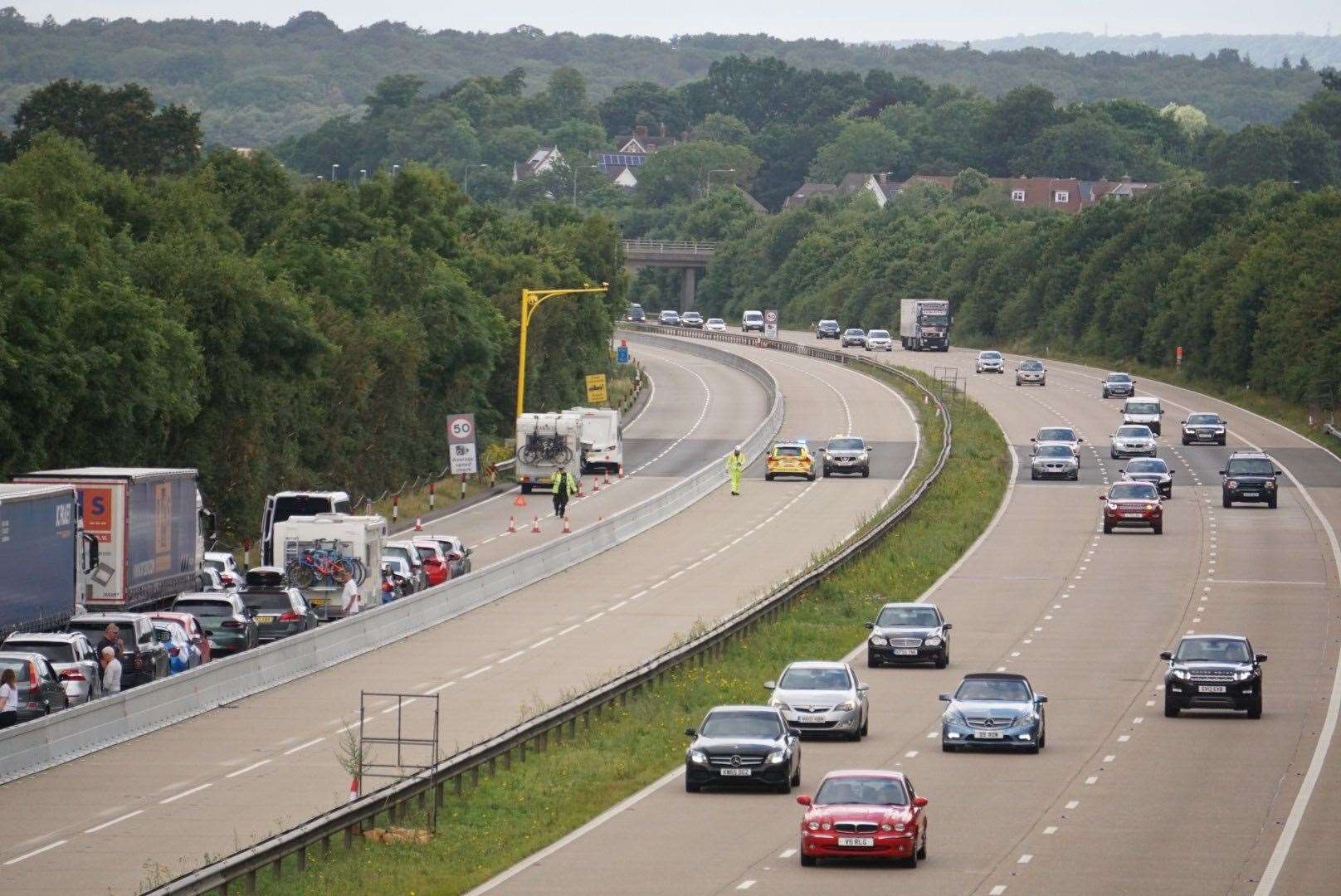 Long queues after a crash on the M20. Picture: @LucaZoneX (14054033)