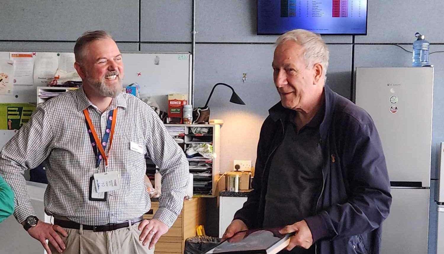 Ken Russell (right) at his retirement presentation at the Ashford signal box