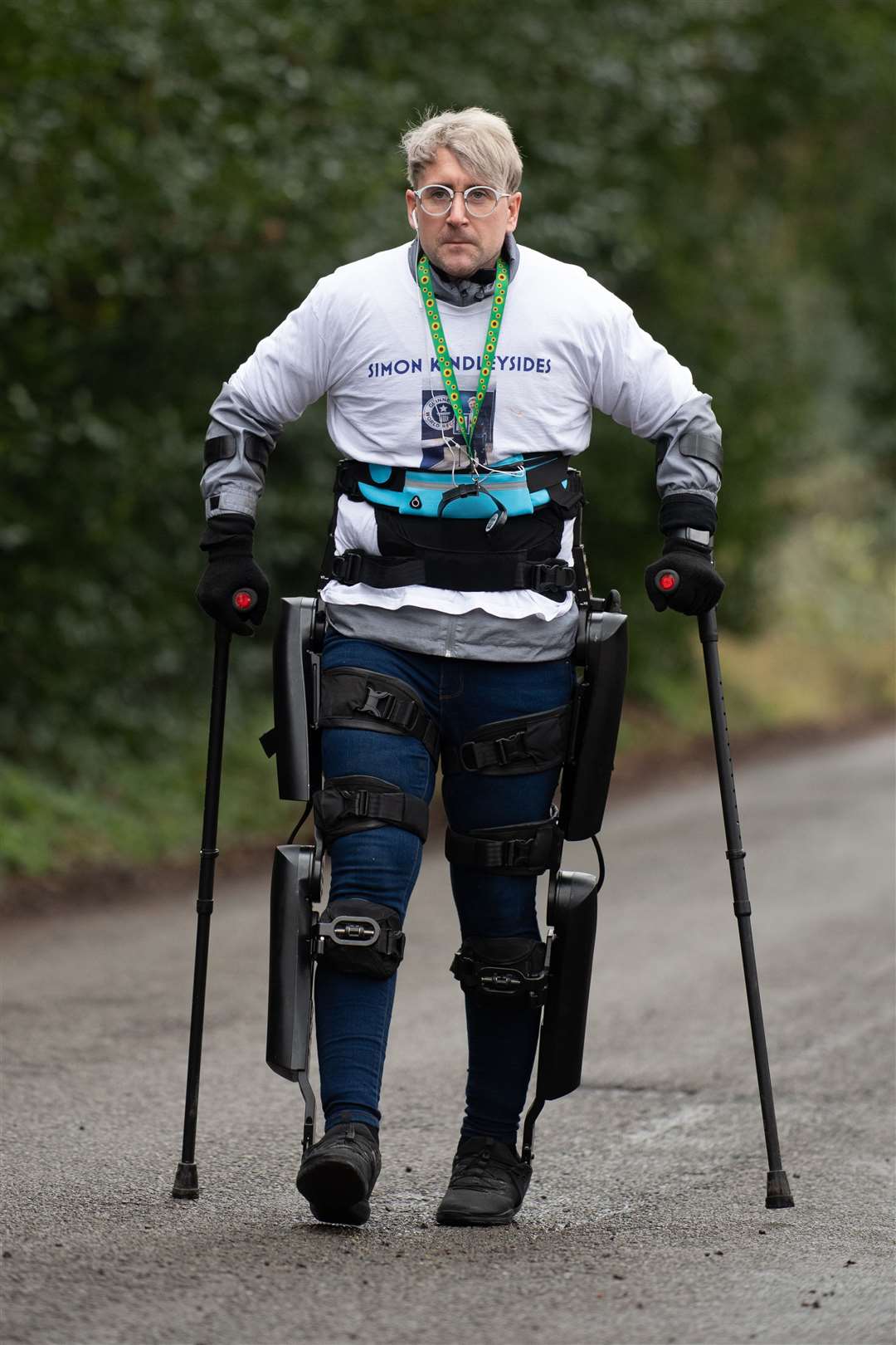 Simon Kindleysides, 36, has raised more than £12,000 for the NHS by walking 125 miles in an exoskeleton suit (Joe Giddens/PA)