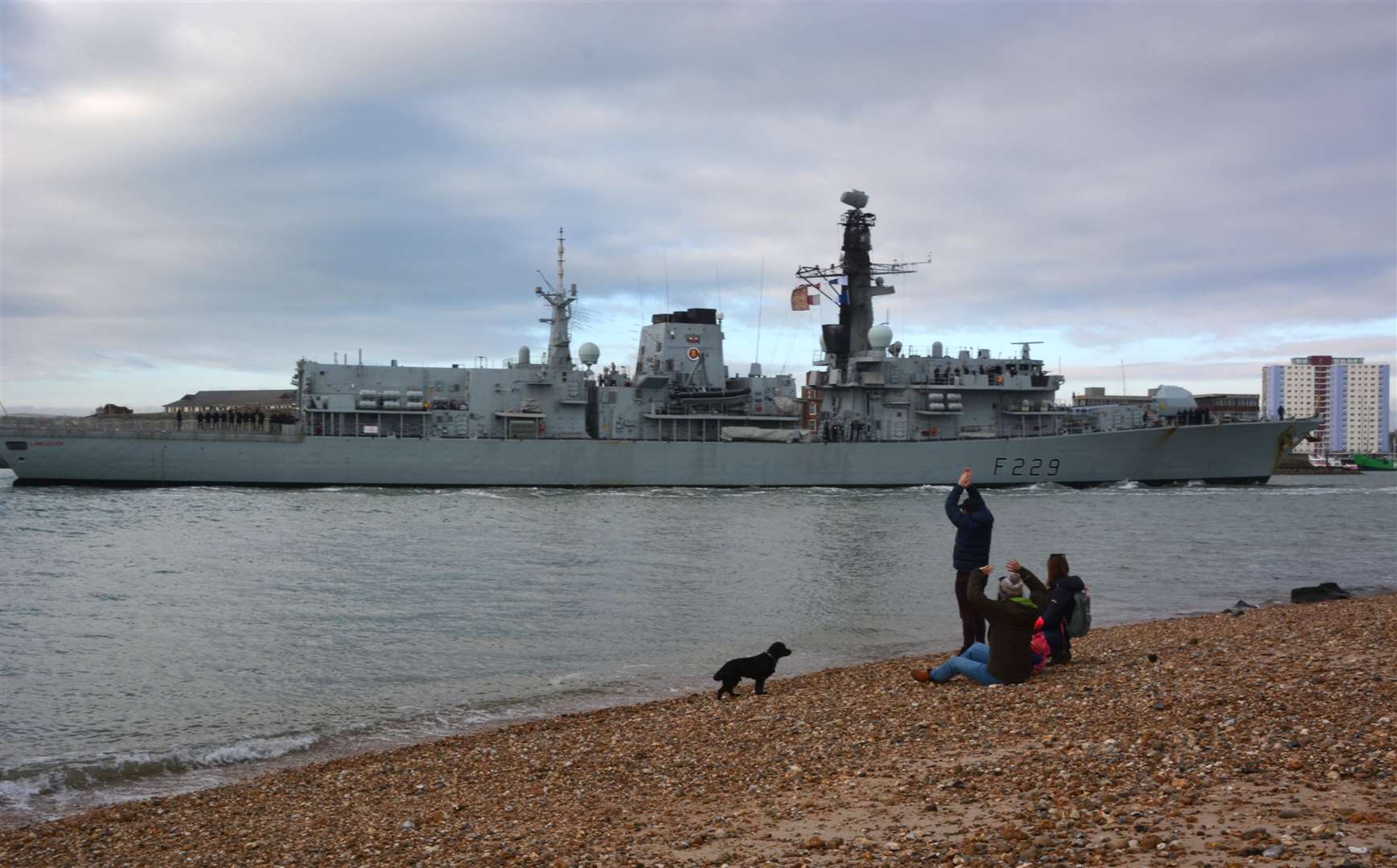 HMS Lancaster sailing back to Portsmouth Naval Base after shadowing and gathering intelligence on Russian warships travelling around the UK. (Ben Mitchell/PA)