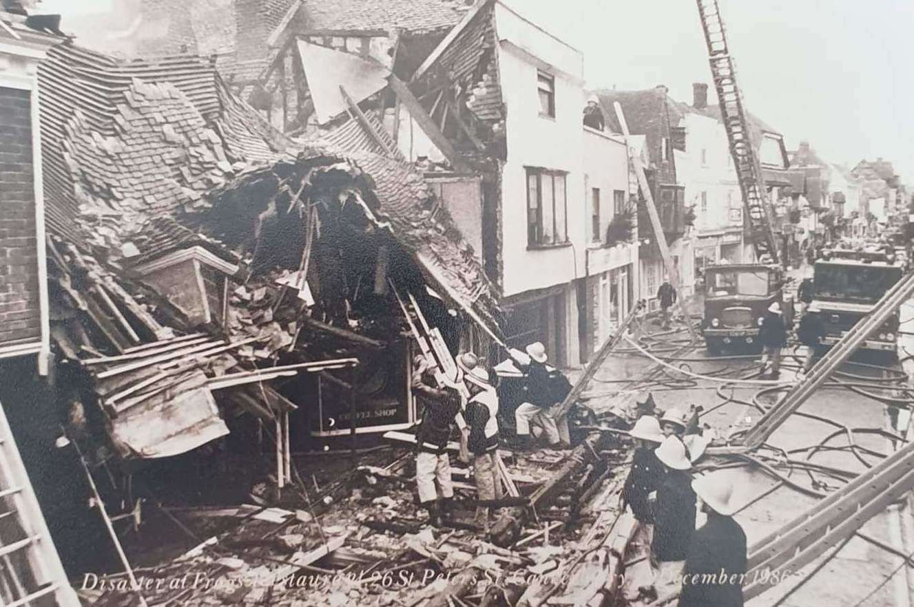 Firefighters examine the rubble of the collapsed the Frogs restaurant in Canterbury in the aftermath of the blaze in 1986