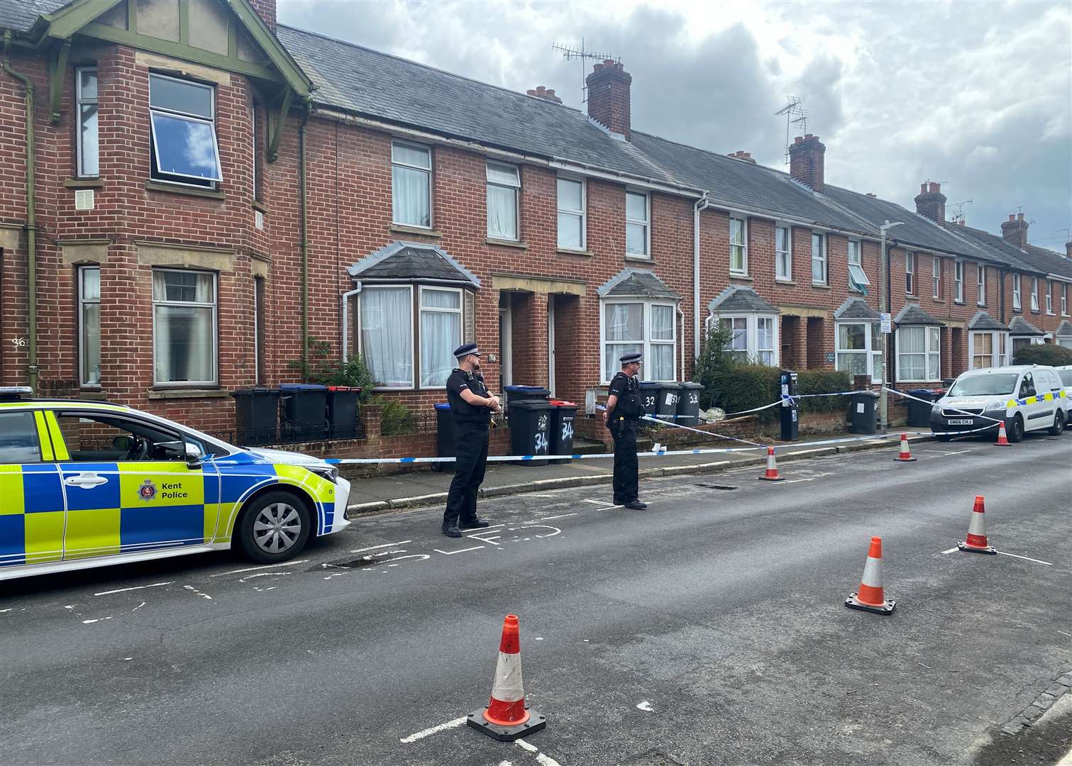 Police and forensics in St Martin's Road, Canterbury, after Maureen Rickards was arrested on suspicion of murder following the discovery of human remains