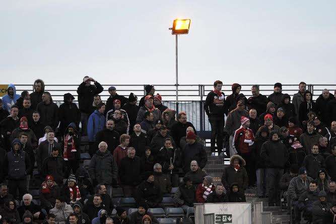 Away fans in the Brian Moore stand at Priestfield