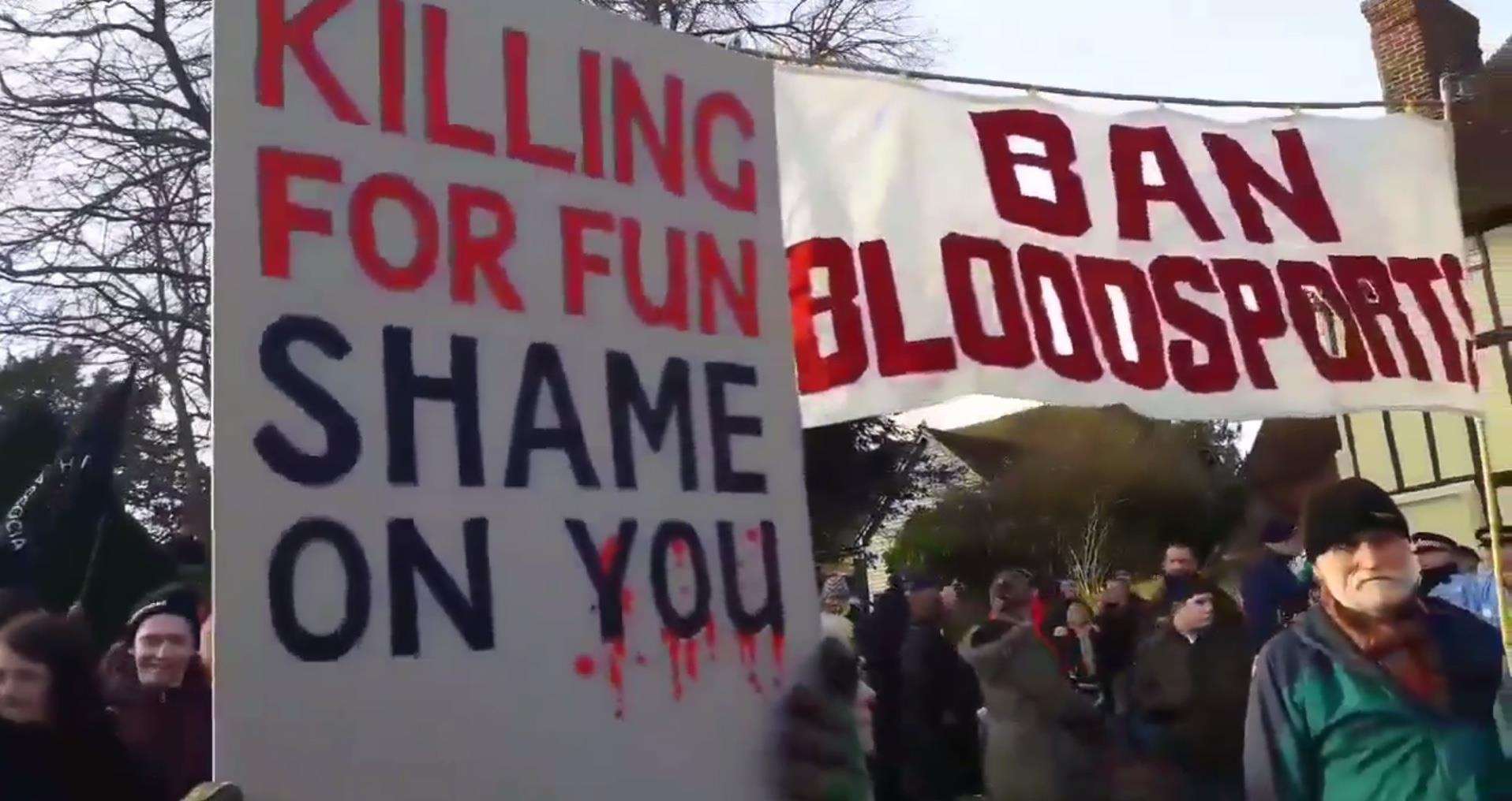 Protestors at the East Kent with West Street hunt in Elham on Boxing Day last year