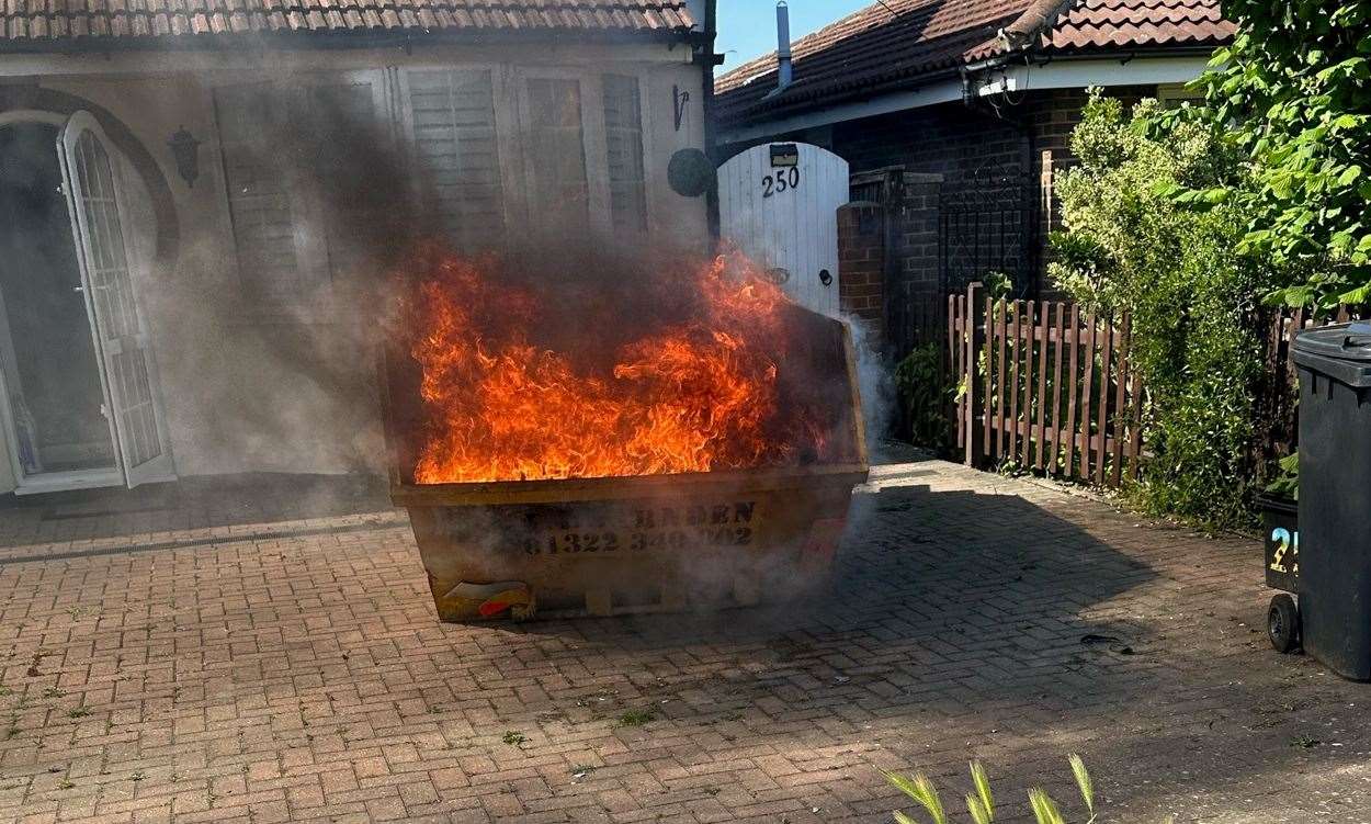 The skip on fire in Dartford
