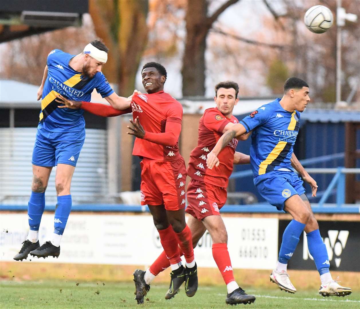 Rory McAuley heads in the first goal. Picture: Tim Smith (@Smudgerlinnet)