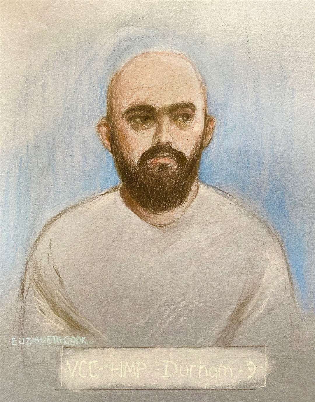 Court artist drawing of Kieran Usher appearing at Newcastle Crown Court, via video link from HMP Durham (Elizabeth Cook/PA)