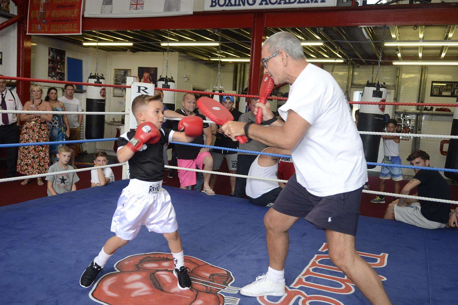 Harry Scadeng, six spars with Head Coach Charlie Rumble during the opening of Rumbles Gym and Boxing Academy in Castle Road, Sittingbourne