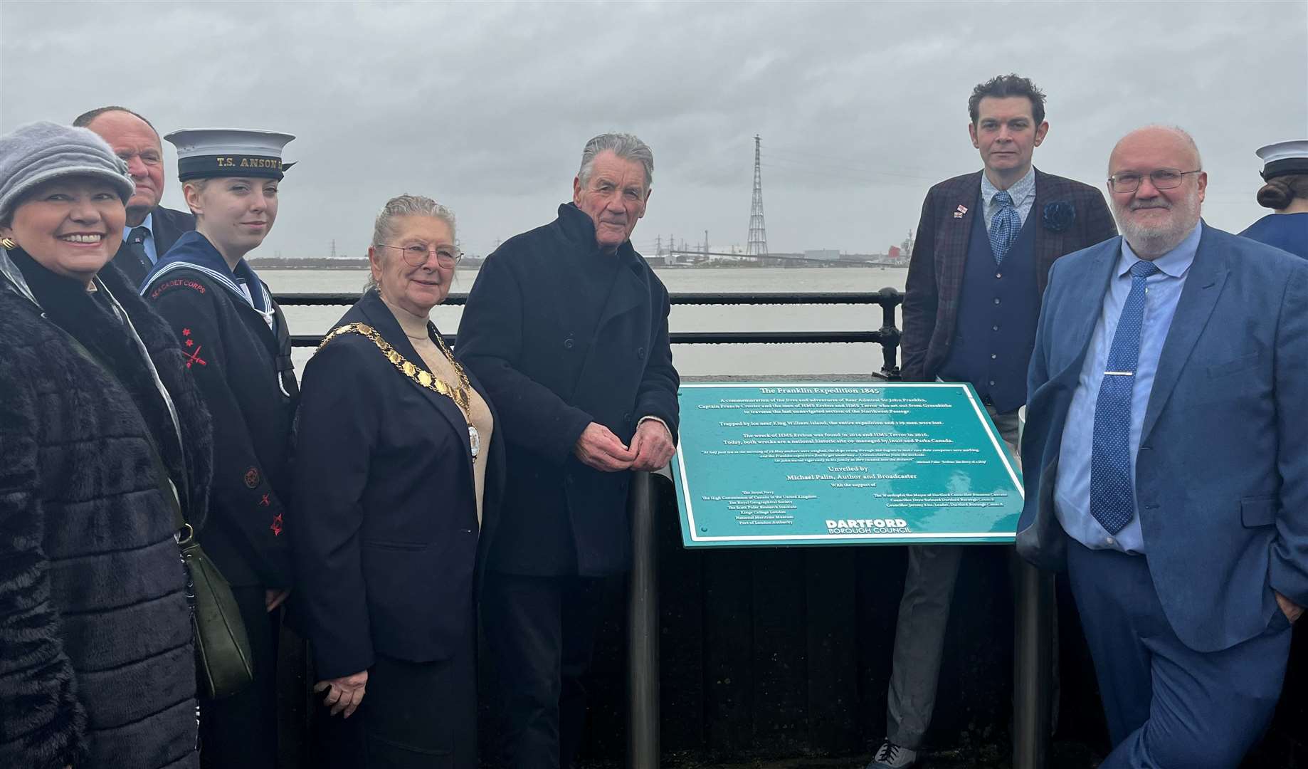 From left, Cllr Cally Gale, Cllr Peter Harman, Leading cadet Molly, Mayor Cllr Rosanna Currans, Sir Michael Palin, Cllr Drew Swinerd and Leader of Dartford Council Jeremy Kite