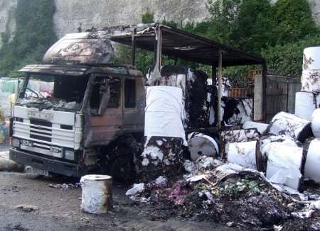 The remains of the truck caught in the blaze. Picture: Keyan Milanian