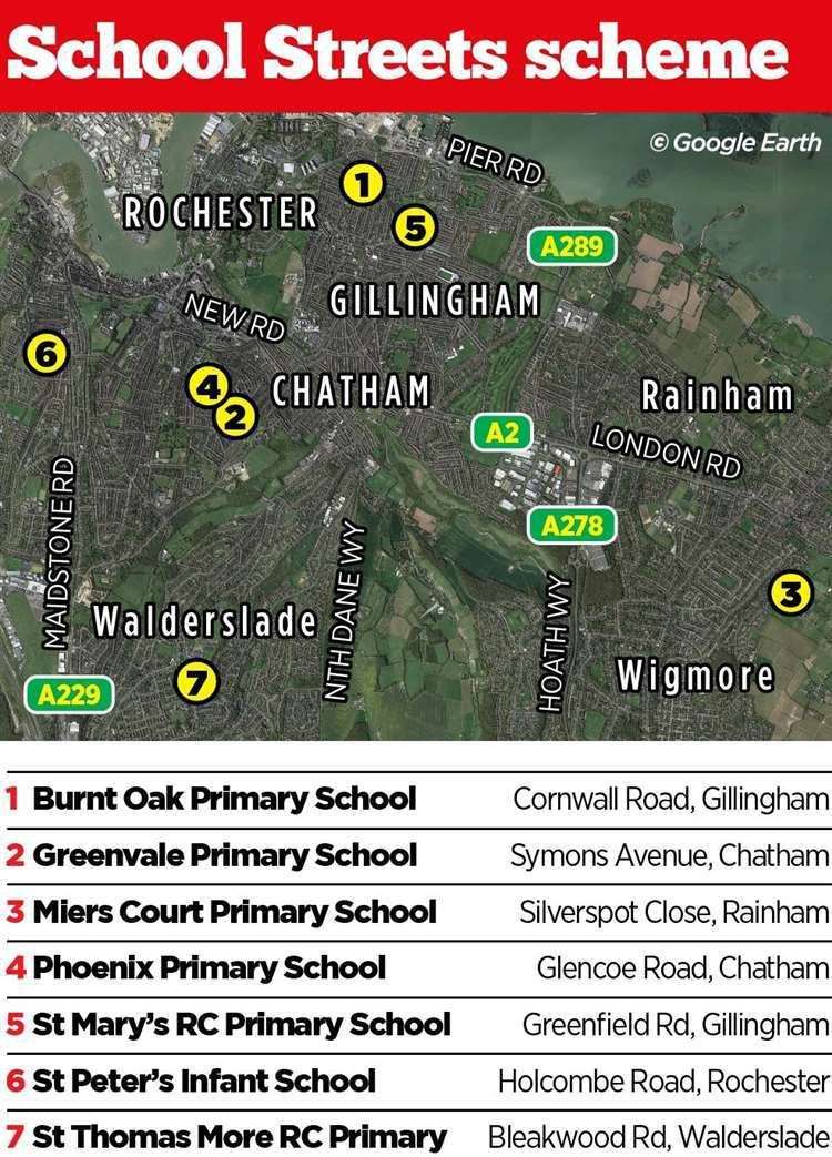 The seven schools currently under the School Streets scheme across Medway