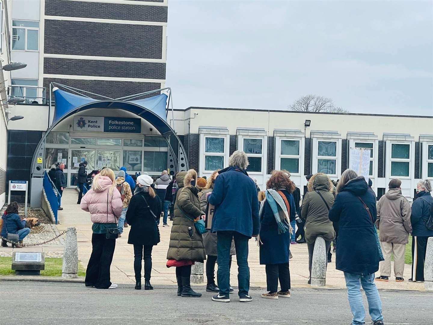 Protestors have set up outside the Folkestone police station. Photo: LKJ Media