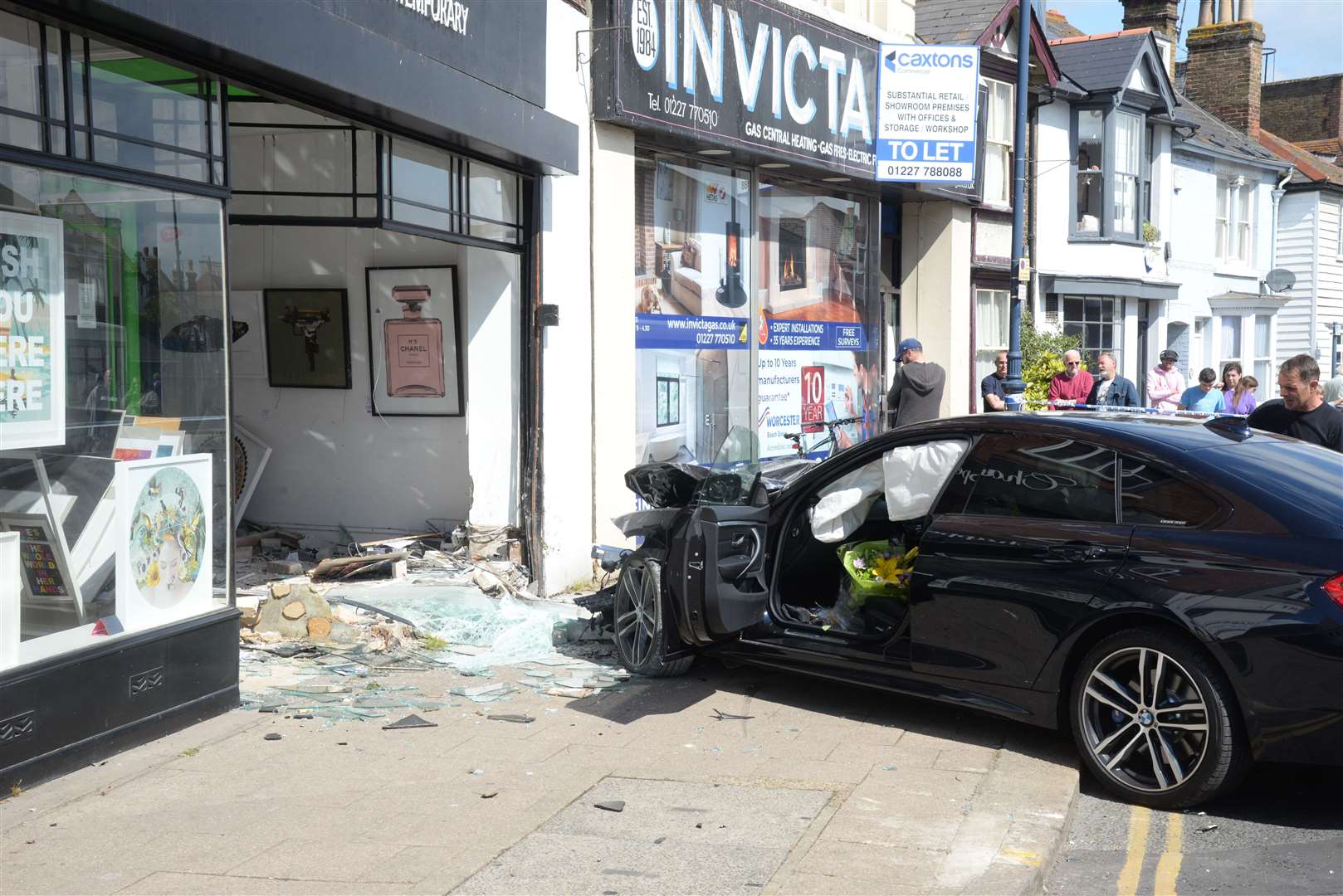 The scene in Oxford Street, Whitstable after a car crashed into the Chappell Contempoary Art Gallery on Tuesday morning. Picture: Chris Davey..... (11322086)