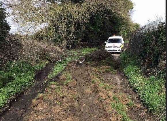 A KCC vehicle inspecting the fly-tipping in School Lane. Picture: KCC Highways