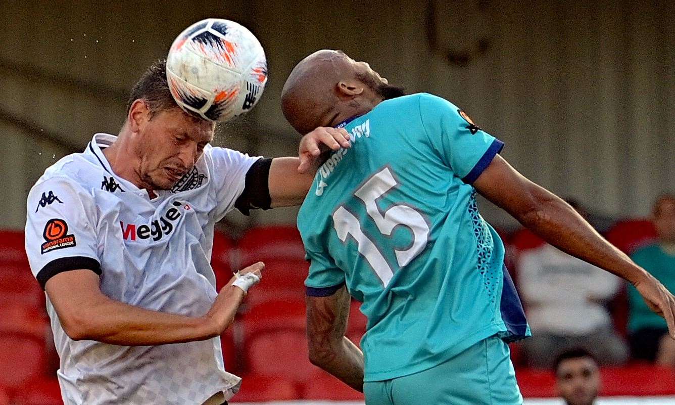 Jake Goodman wins a header in the victory over Braintree. Picture: Stuart Brock