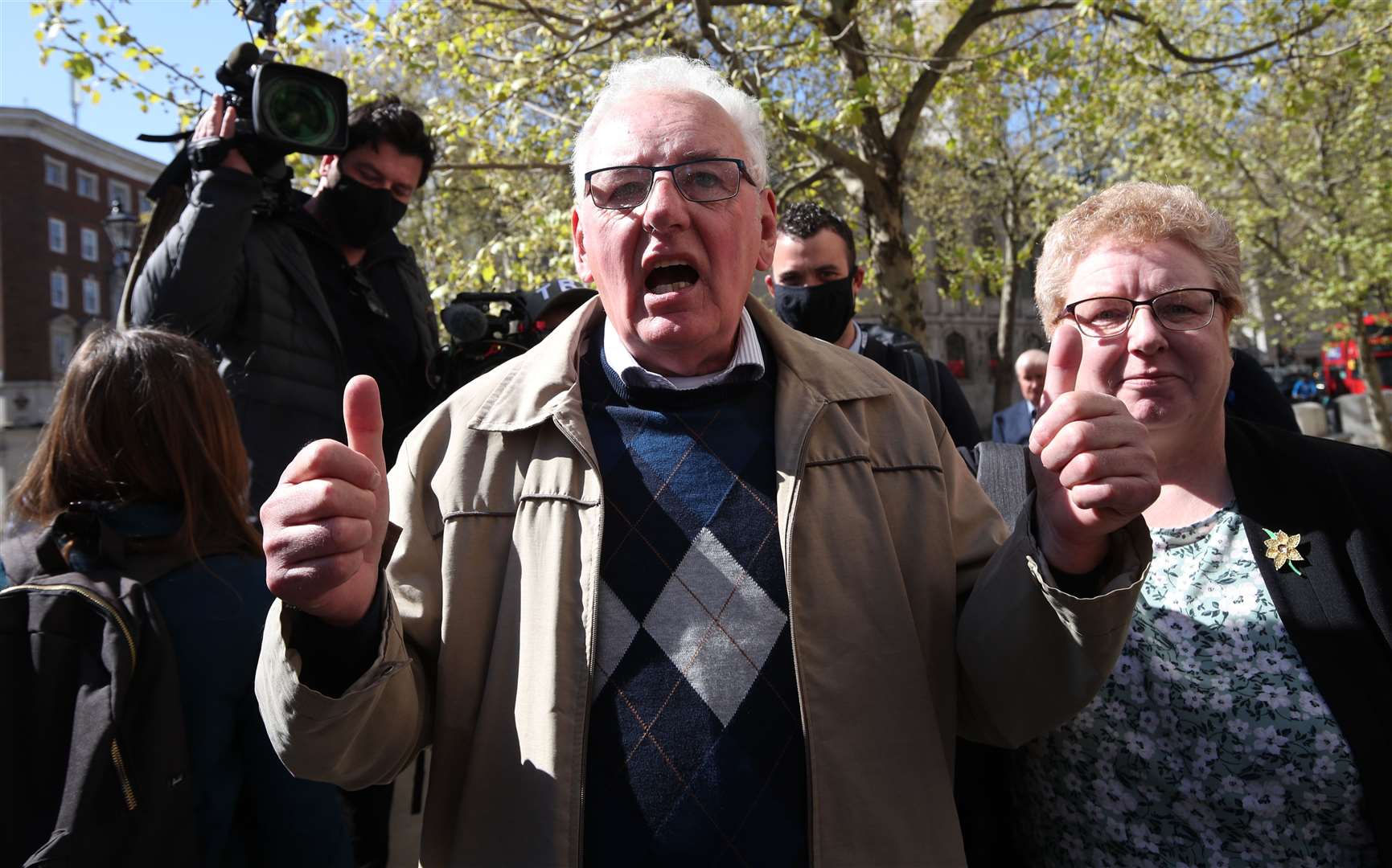 Former Post Office worker Noel Thomas, who was convicted of false accounting in 2006, celebrates with his daughter Sian outside the Royal Courts of Justice in April after having his conviction overturned by the Court of Appeal (Yui Mok/PA)