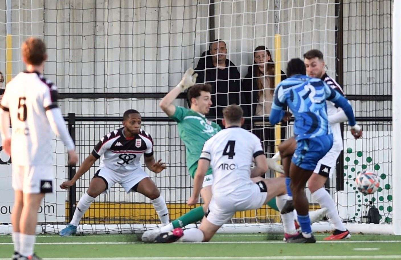 Rahman Kareem fires past Faversham keeper Lewis Briggs to put Lordswood ahead. Picture: Ian Scammell