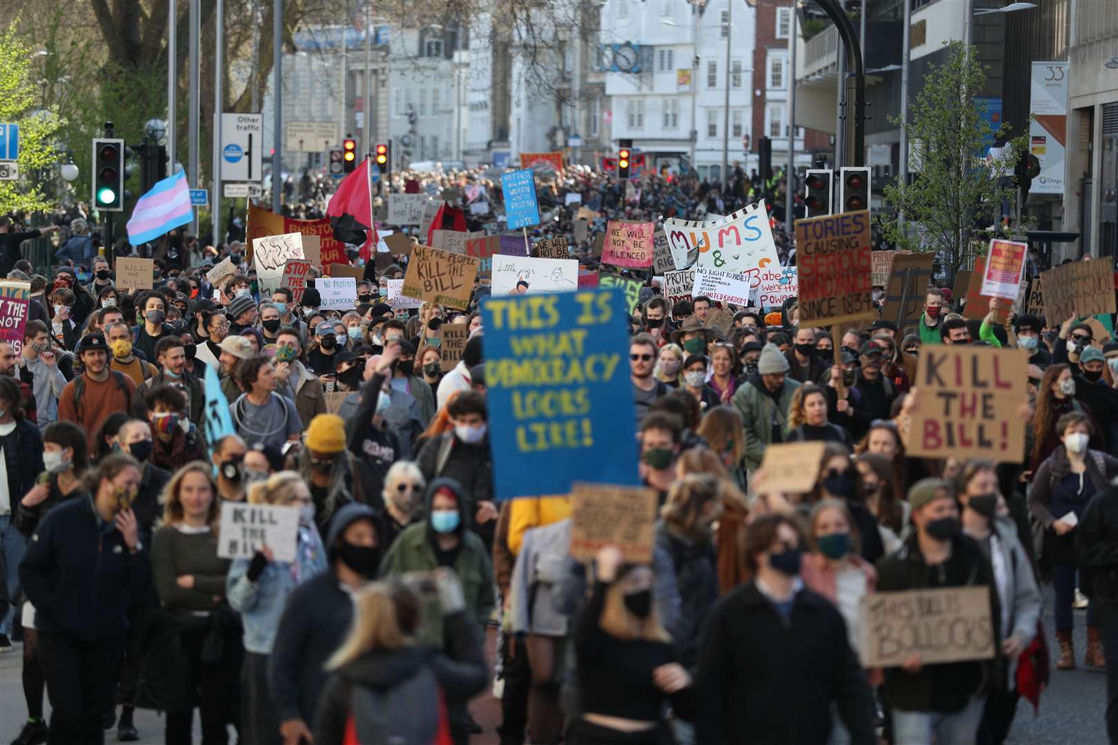 Demonstrators march from College Green in Bristol during a ‘Kill The Bill’ protest (Andrew Matthews/PA)