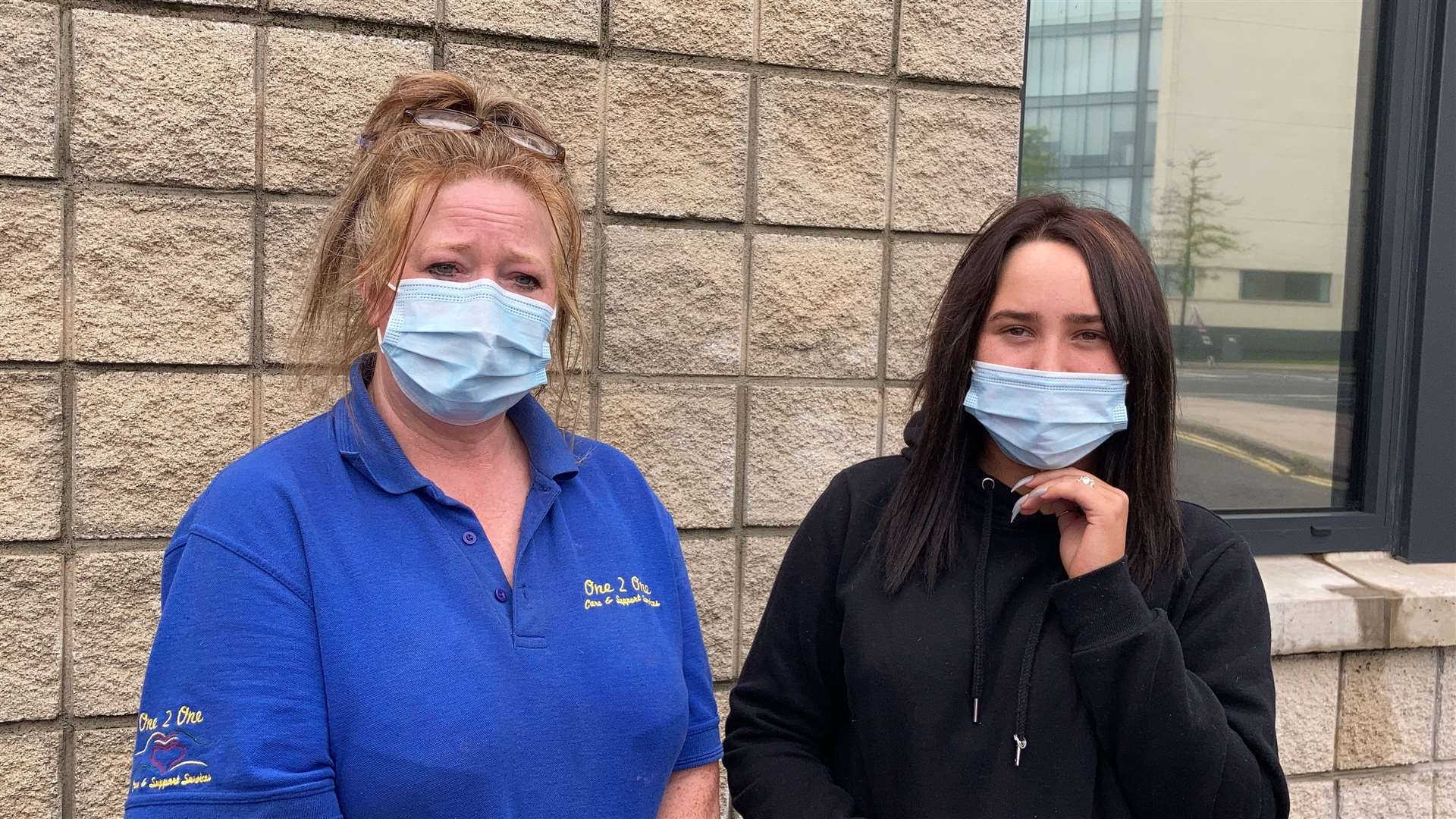 Mother and daughter Robyn and Jorja Johnston from Carrickfergus (Rebecca Black/PA)