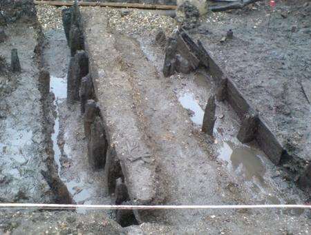 The medieval timber remains by the river on the new marlowe Theatre site