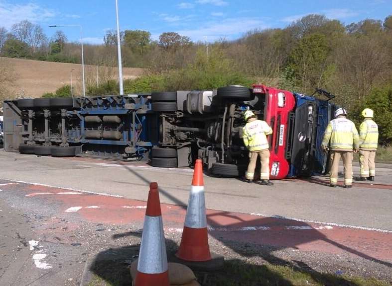 The lorry that overturned near the Stockbury roundabout. Picture: Justin Sands