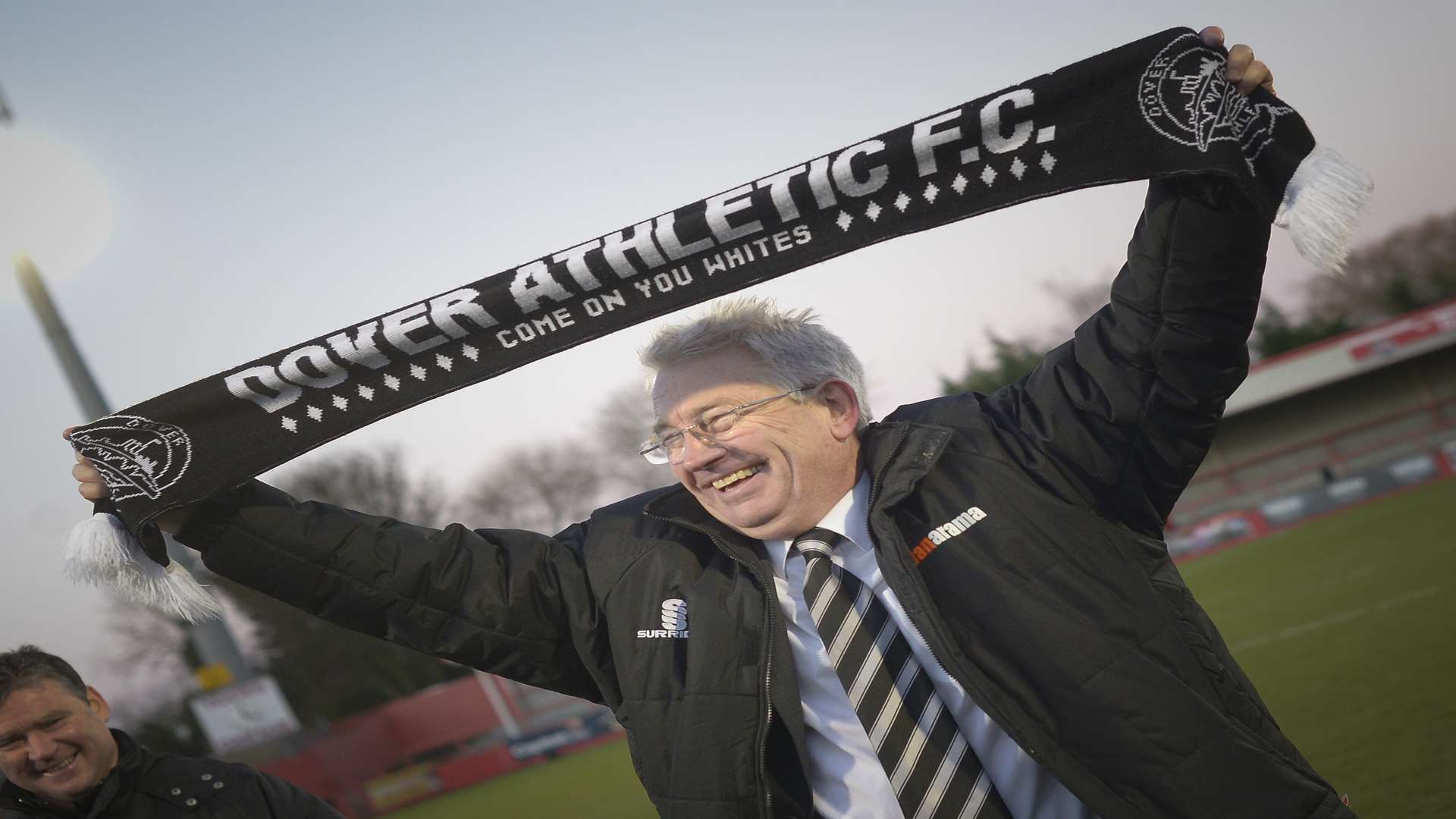 Dover manager Chris Kinnear salutes the travelling fans after the FA Cup win at Cheltenham. Picture: Ady Kerry