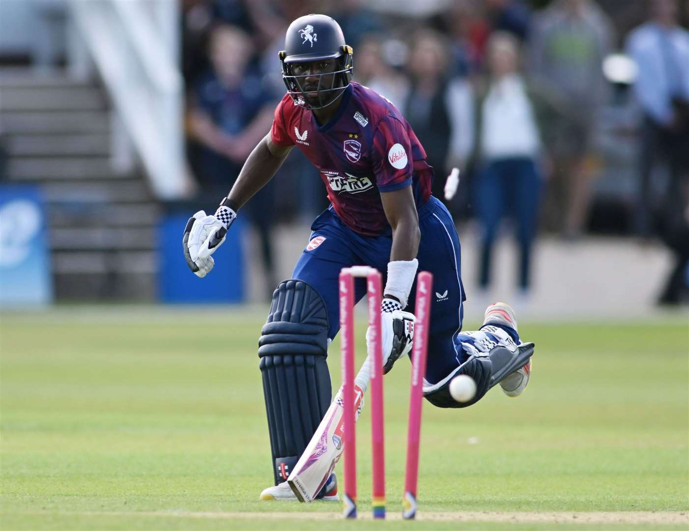 Tawanda Muyeye is run out for Kent Spitfires. Picture: Barry Goodwin
