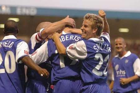 TEAM SPIRIT: Gills celebrate after Roberts nets his debut goal. Picture: GRANT FALVEY