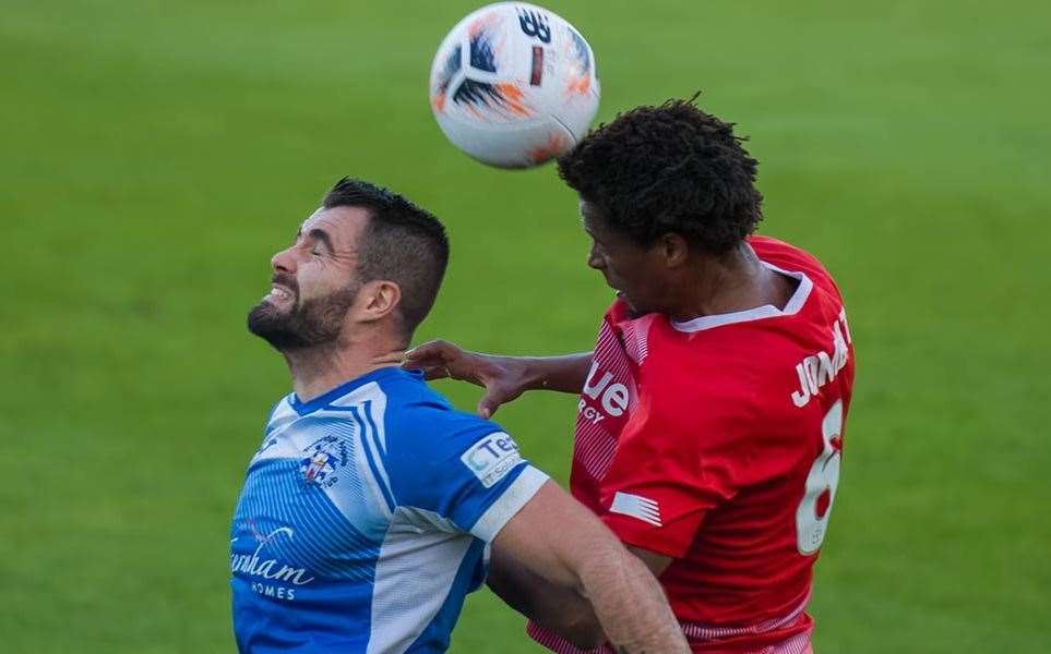 Ebbsfleet's Sido Jombati competes against Tonbridge's Joe Turner. Picture: Ed Miller/EUFC (60600847)